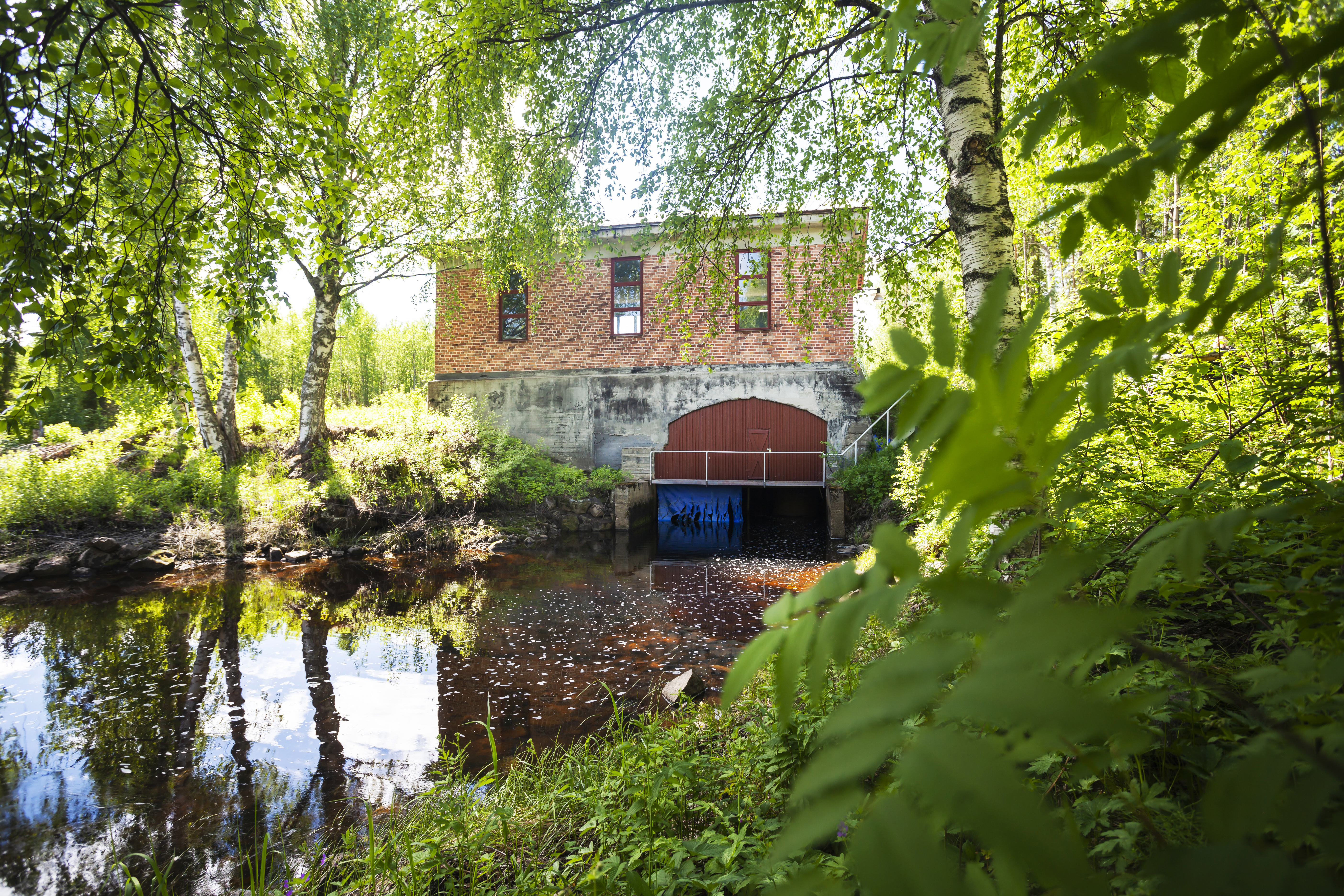 Vattenkraftstation vid vattendrag i grönska